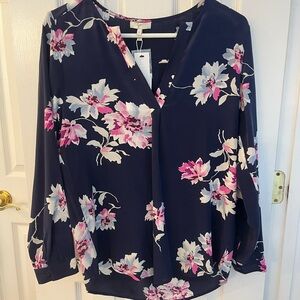 Joie Navy Blouse with Pink and White Floral Design